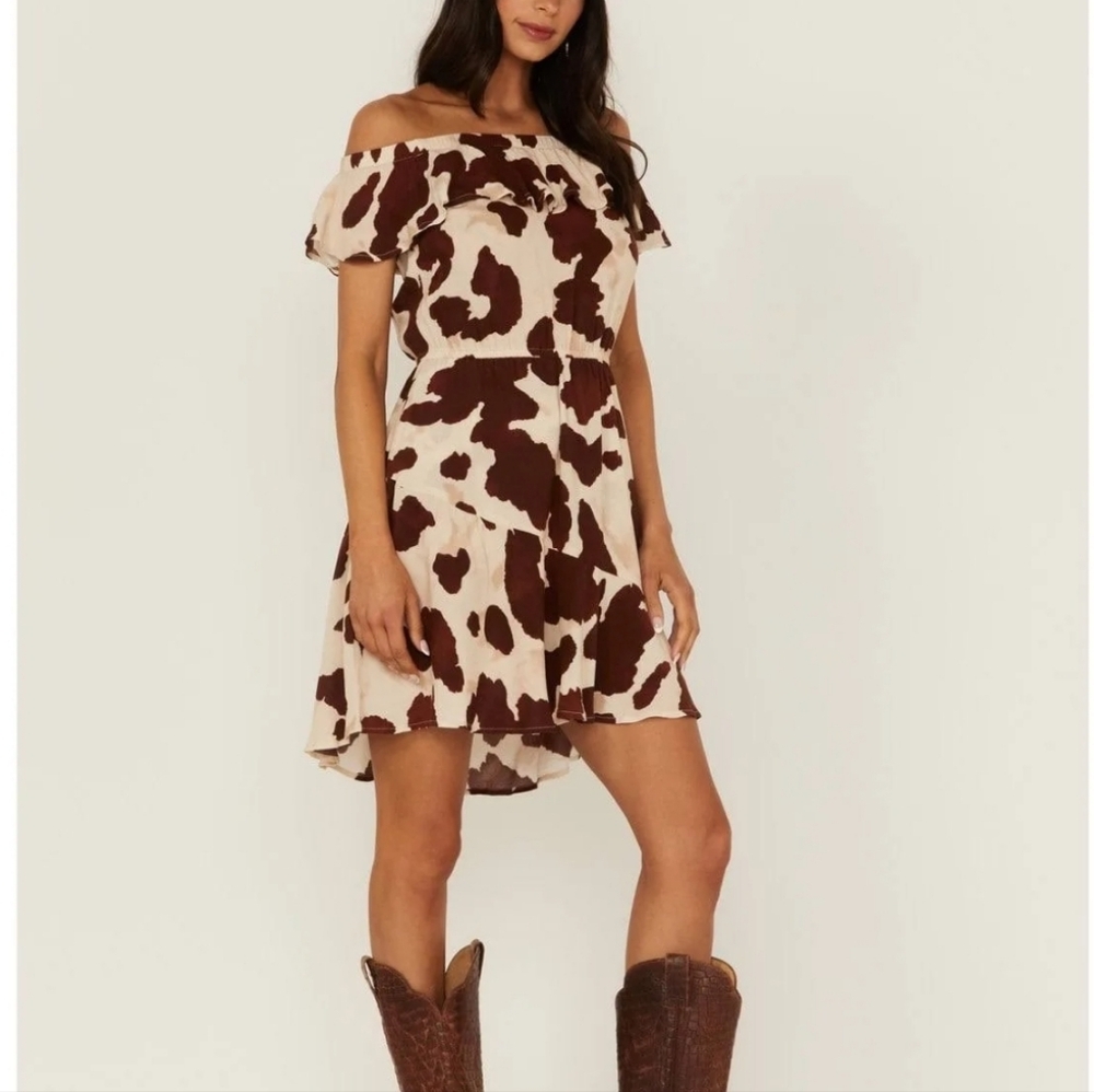 Idyllwind Brown and Cream Off-Shoulder Mini Dress